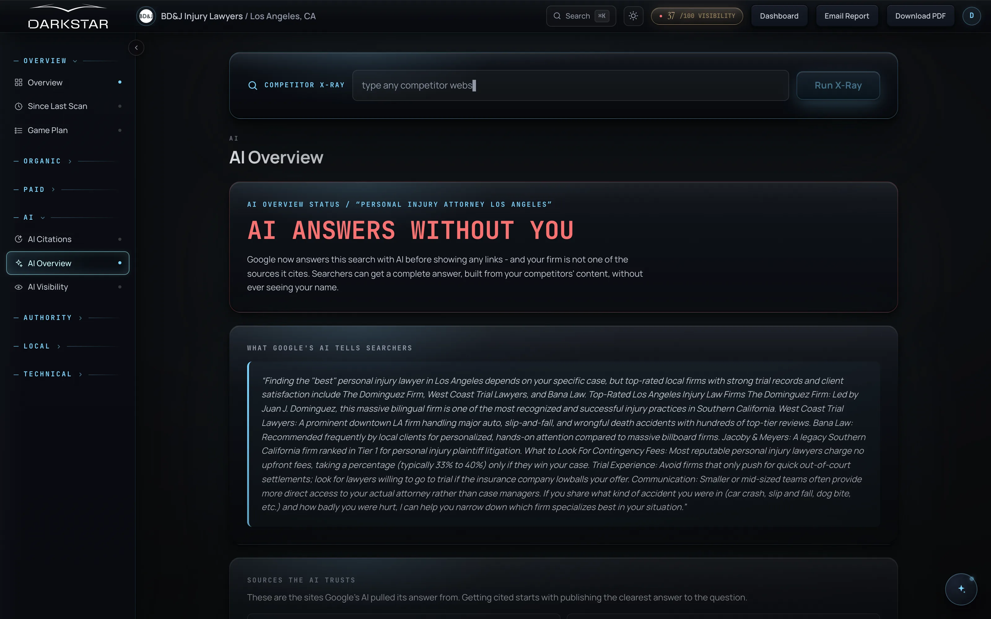 Darkstar AI Visibility page showing AI Recommends You with 10 citations vs 0 for rivals, share of AI voice bars, and per-platform battleground