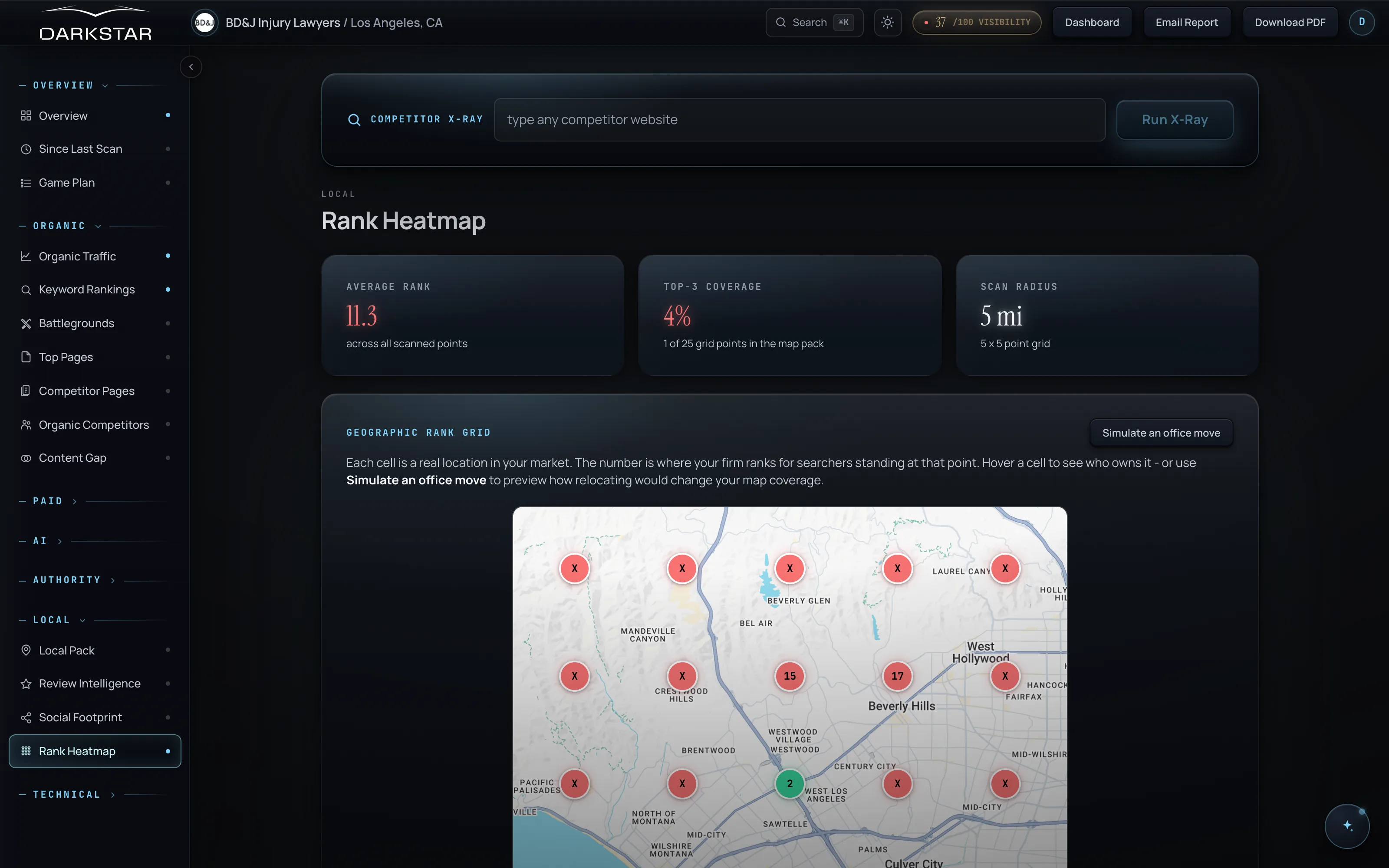 Darkstar rank heatmap showing a 25-point geographic rank grid over Los Angeles with a Share of Map leaderboard